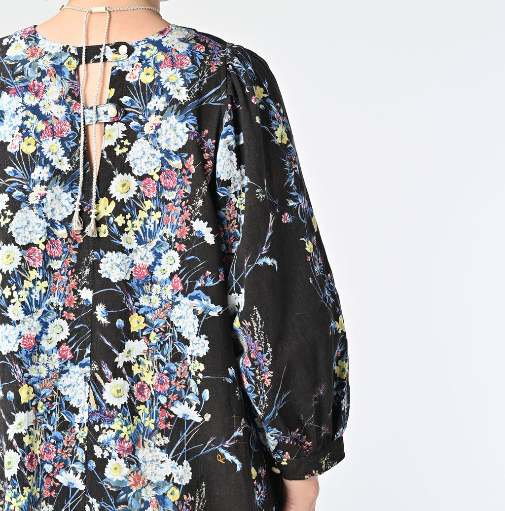Indian Khadi Bouquet Stripe Print Puff Bridge Dress Detail
