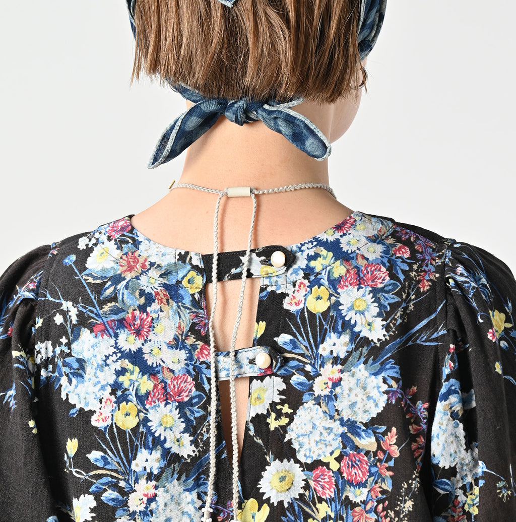 Indian Khadi Bouquet Stripe Print Puff Bridge Dress Detail