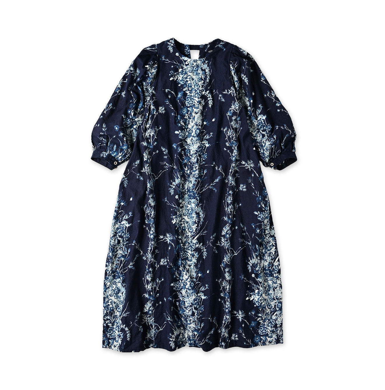Indigo Indian Khadi Bouquet Stripe Print Puff Bridge Dress