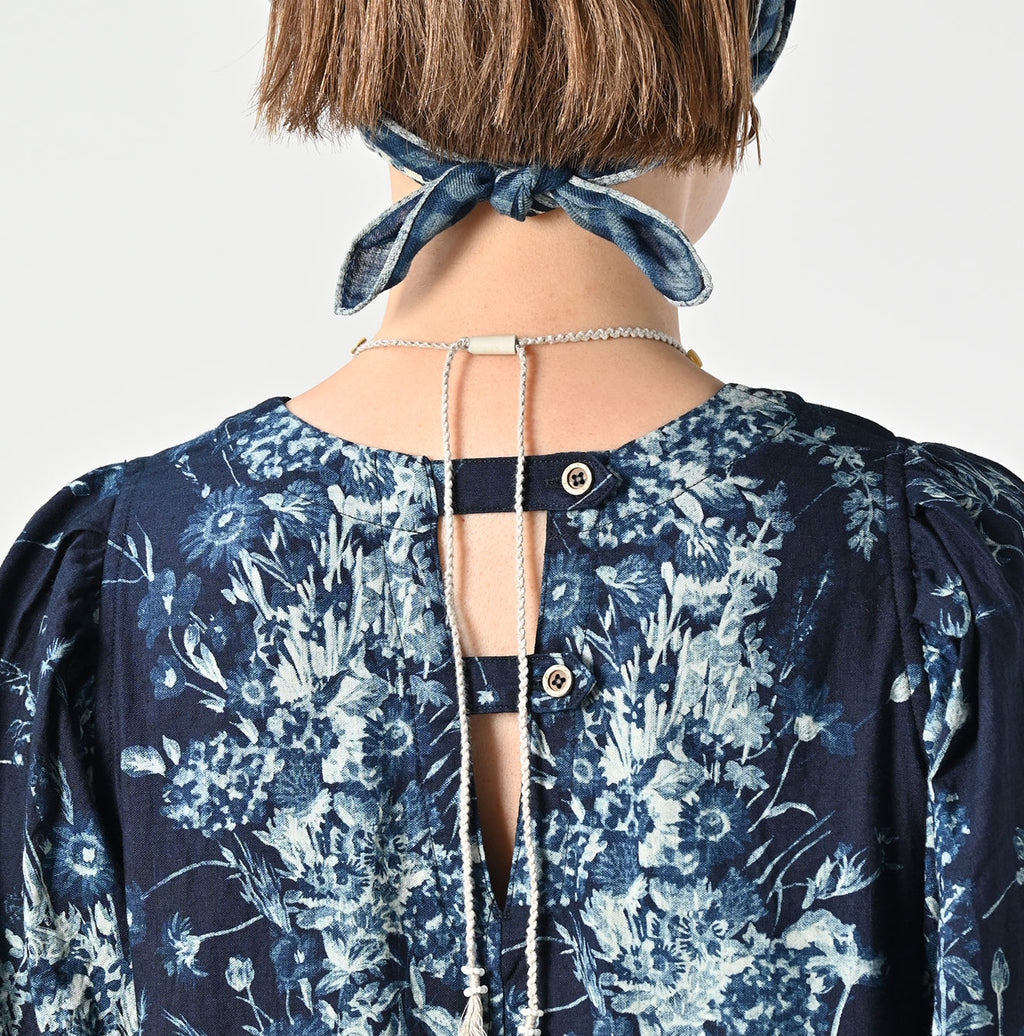 Indigo Indian Khadi Bouquet Stripe Print Puff Bridge Detail
