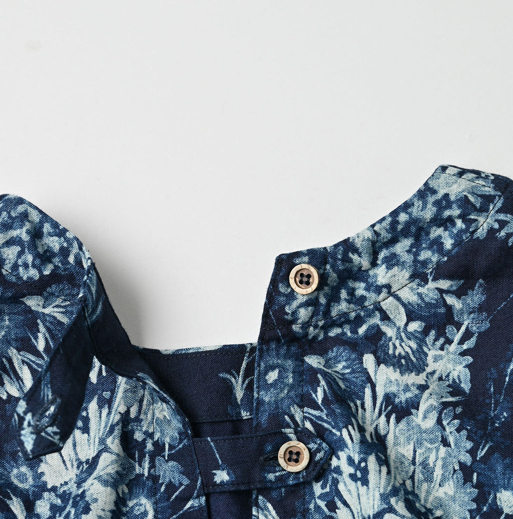 Indigo Indian Khadi Bouquet Stripe Print Puff Bridge Detail
