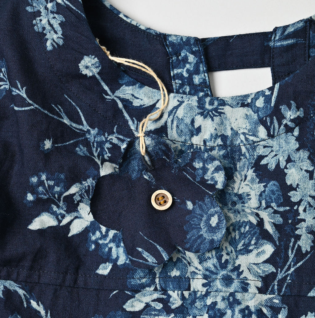 Indigo Indian Khadi Bouquet Stripe Print Puff Bridge Detail