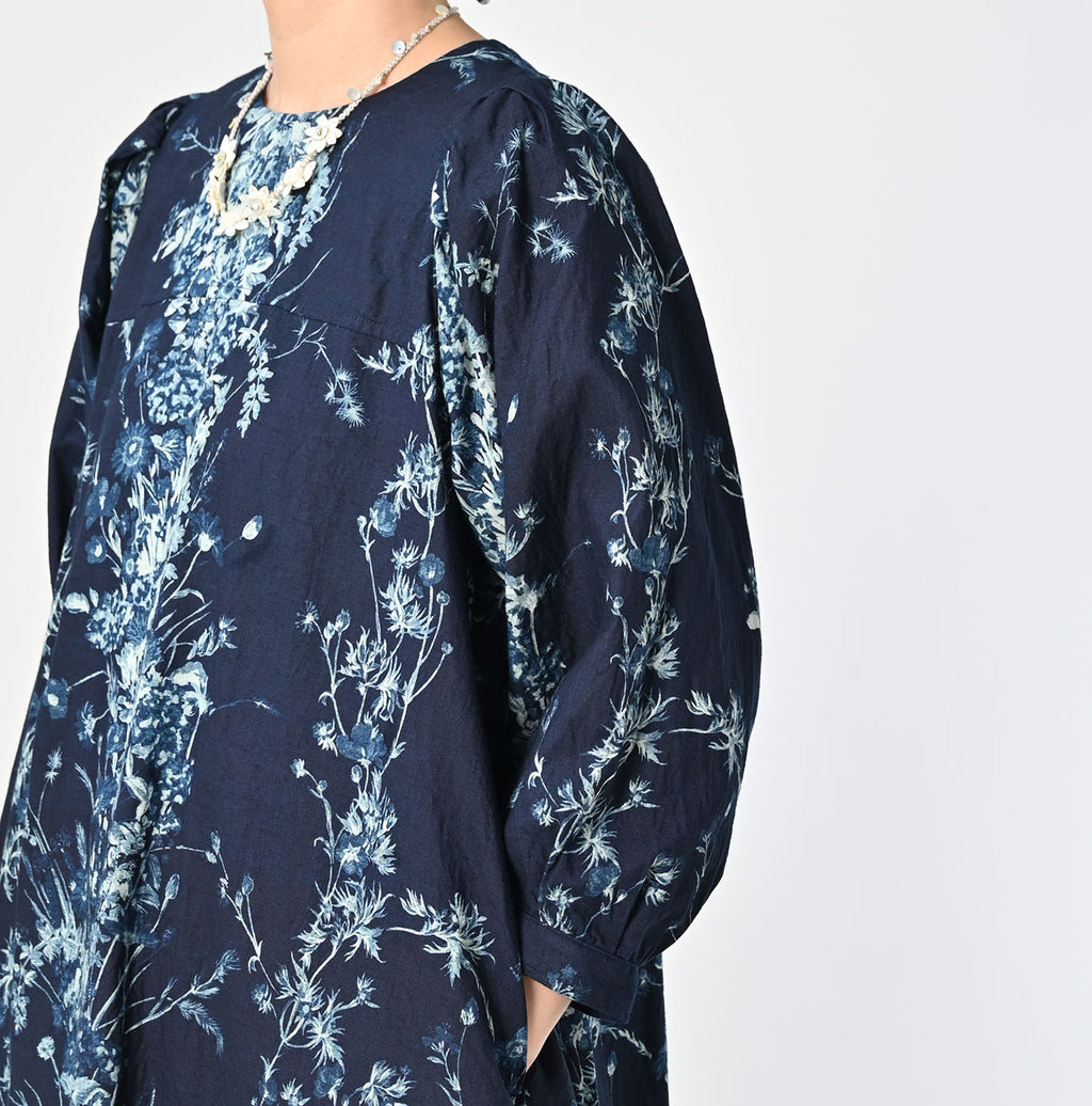 Indigo Indian Khadi Bouquet Stripe Print Puff Bridge Detail
