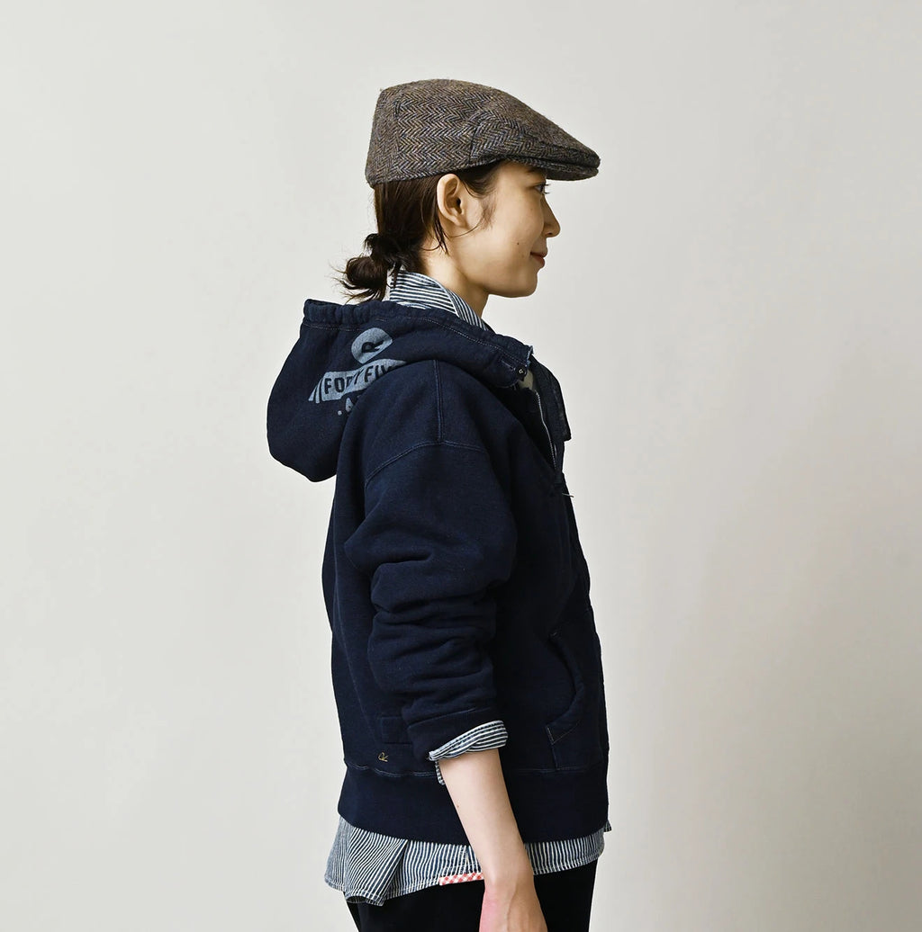 Indigo College Print Urake Drawn-String Hood