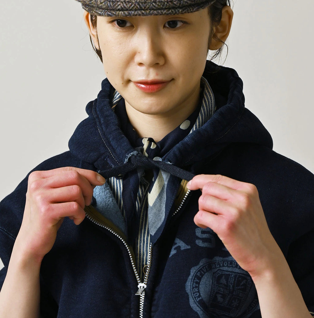 Indigo College Print Urake Drawn-String Hood