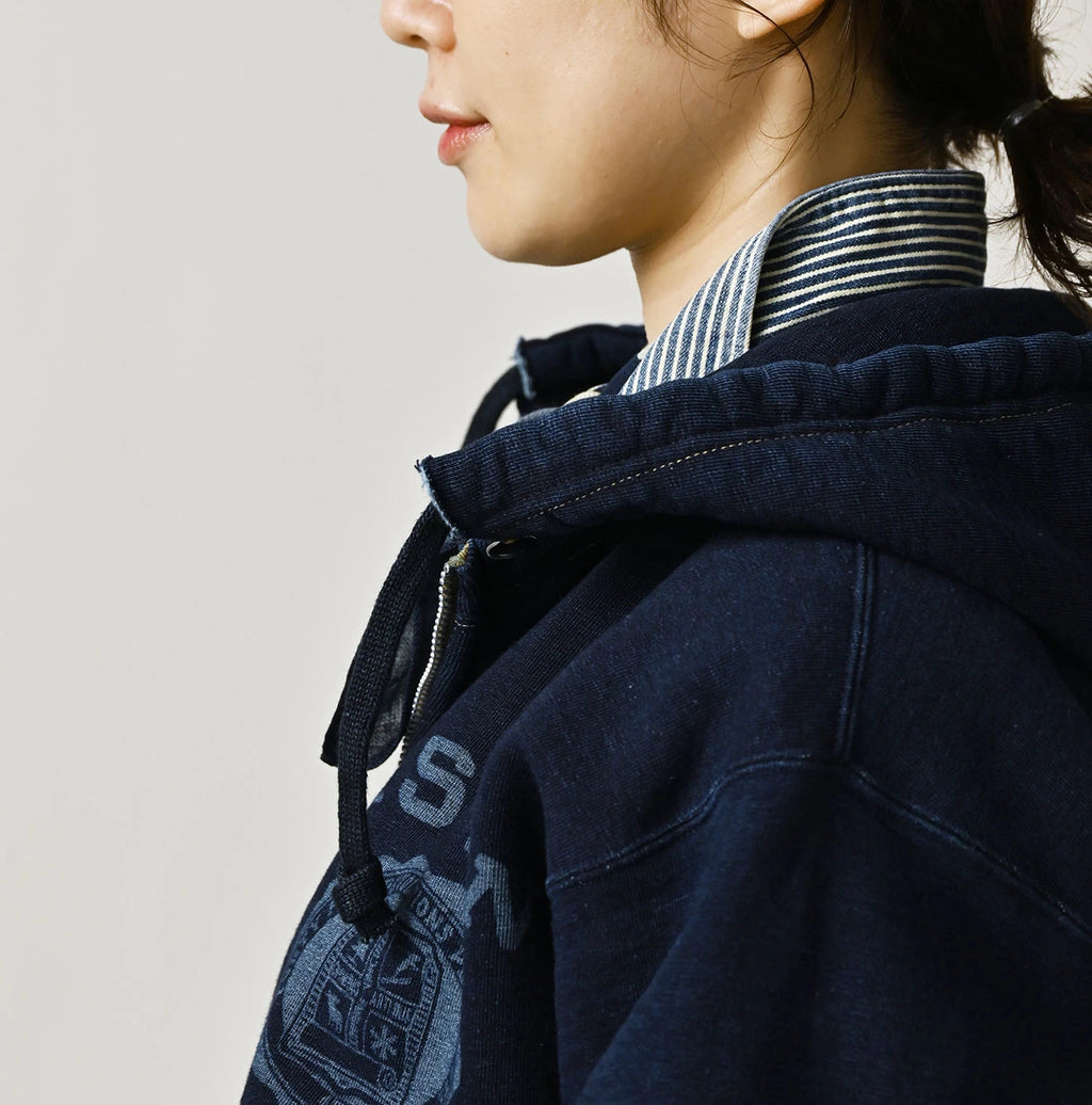 Indigo College Print Urake Drawn-String Hood