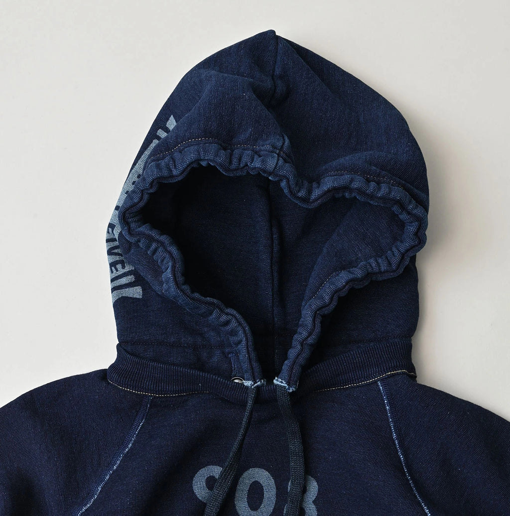Indigo College Print Urake Drawn-String Hood