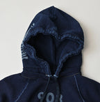 Indigo College Print Urake Drawn-String Hood