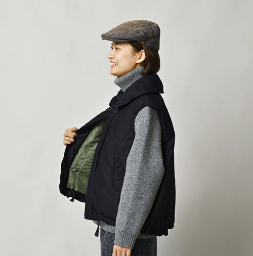 Indigo Thin Back Satin x Nylon Dumbo Collar Flare Vest