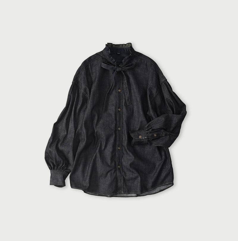 45 Petit Denim Long-Sleeve Bow-Tie Coupé Shirt Nou
