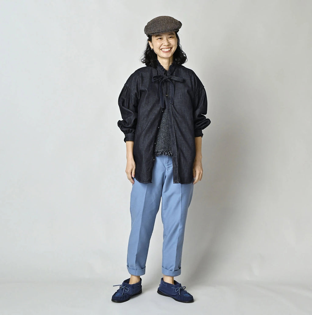 45 Petit Denim Long-Sleeve Bow-Tie Coupé Shirt Nou