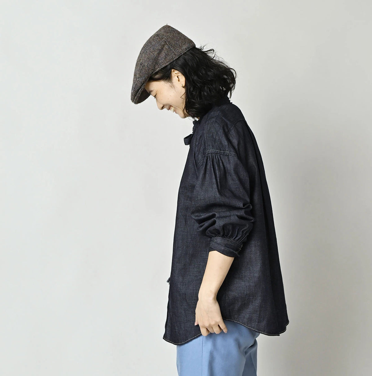 45 Petit Denim Long-Sleeve Bow-Tie Coupé Shirt Nou