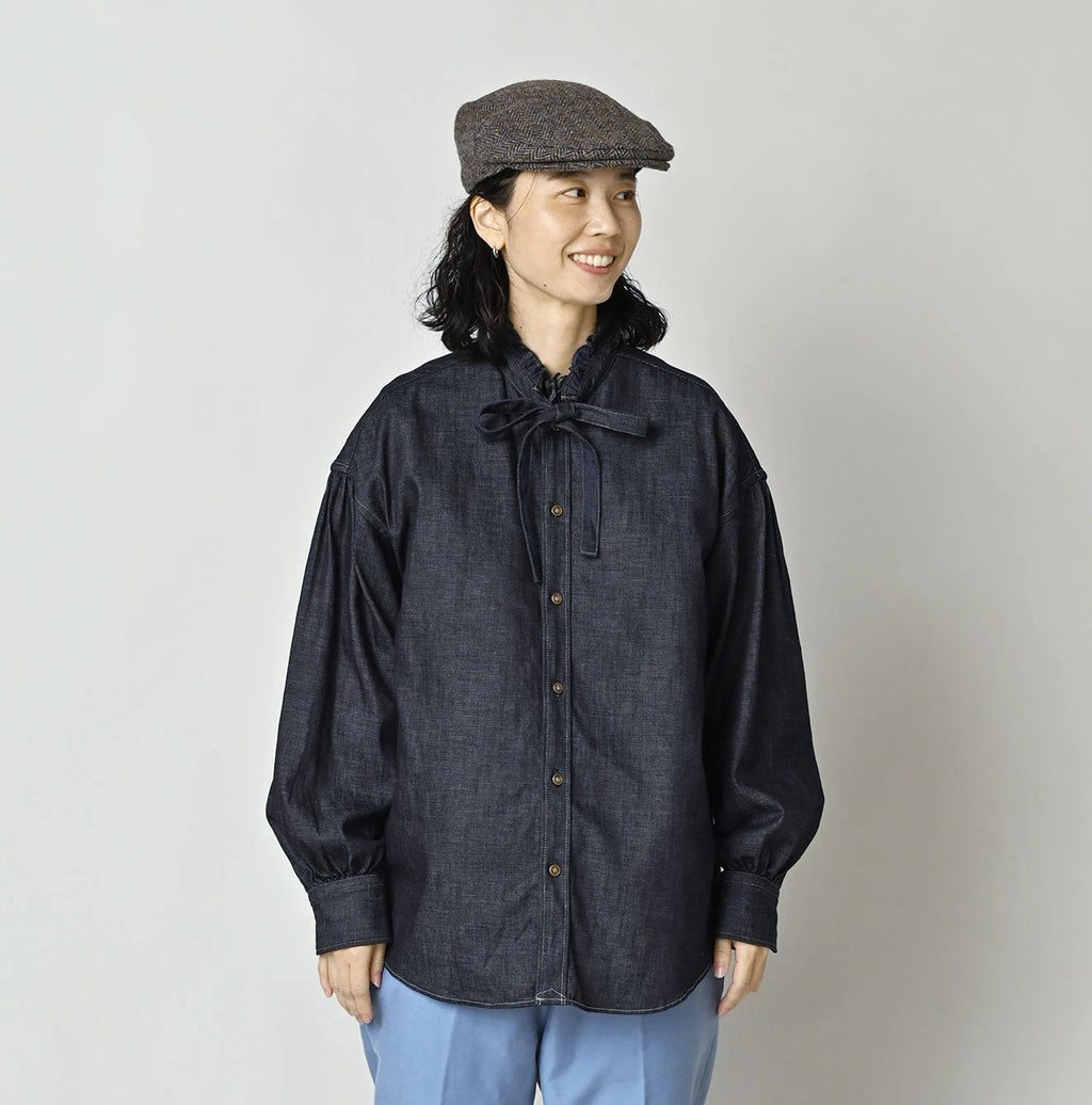 45 Petit Denim Long-Sleeve Bow-Tie Coupé Shirt Nou