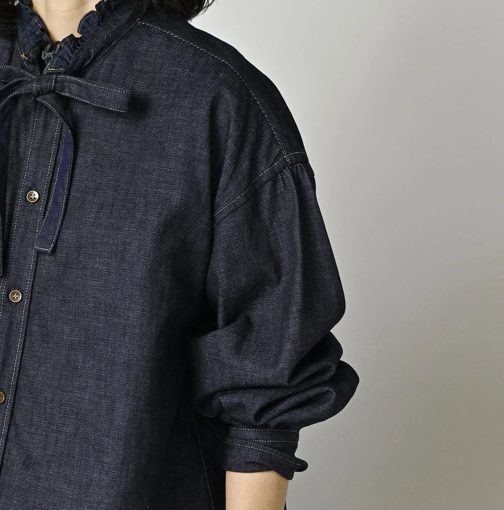 45 Petit Denim Long-Sleeve Bow-Tie Coupé Shirt Nou