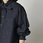 45 Petit Denim Long-Sleeve Bow-Tie Coupé Shirt Nou