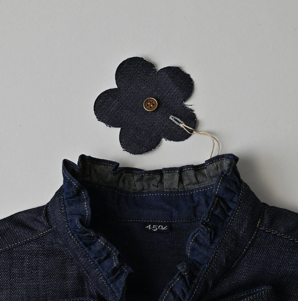 45 Petit Denim Long-Sleeve Bow-Tie Coupé Shirt Nou