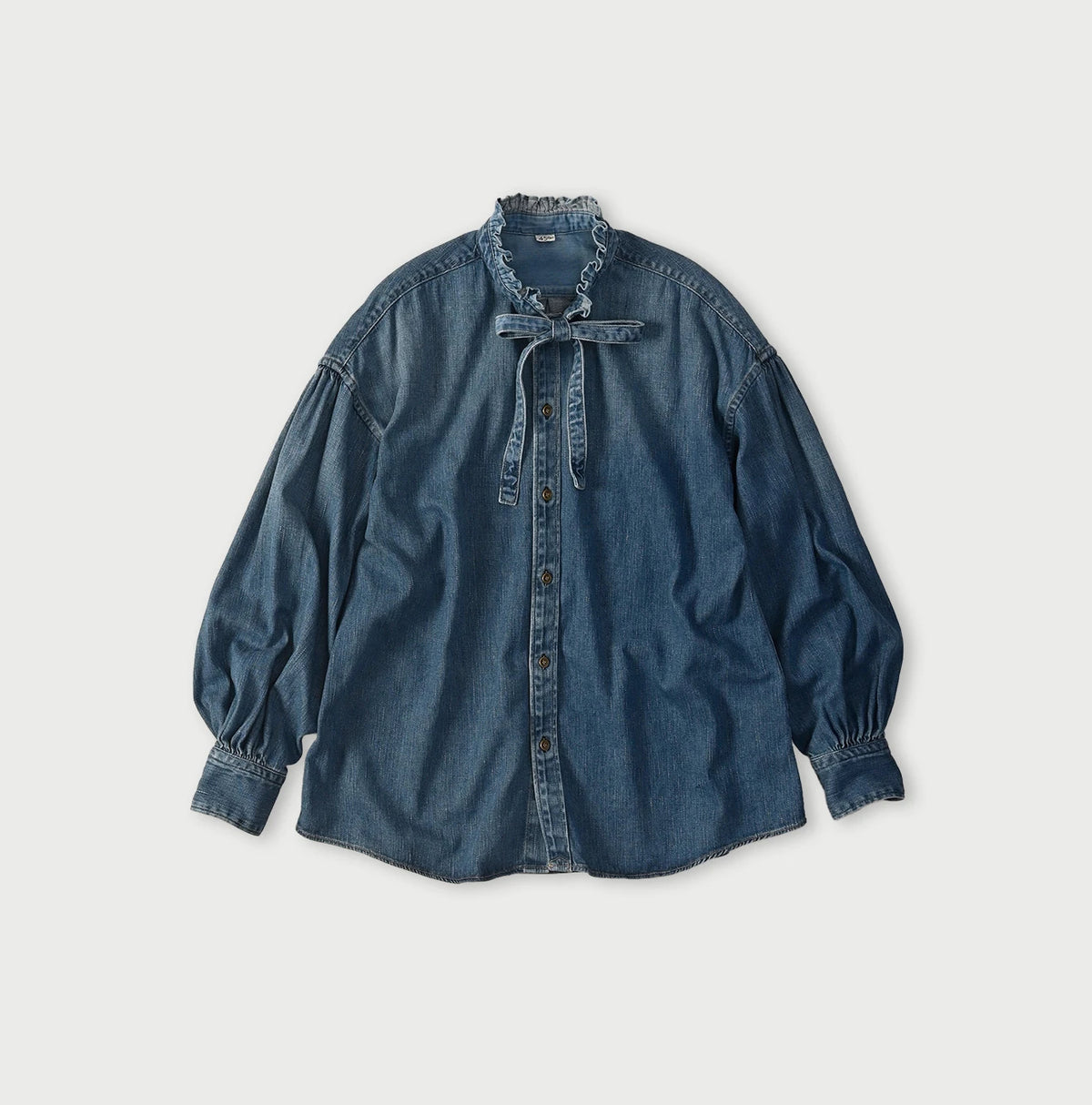 45 Petit Denim Long-Sleeve Bow-Tie Coupé Shirt DIstressed