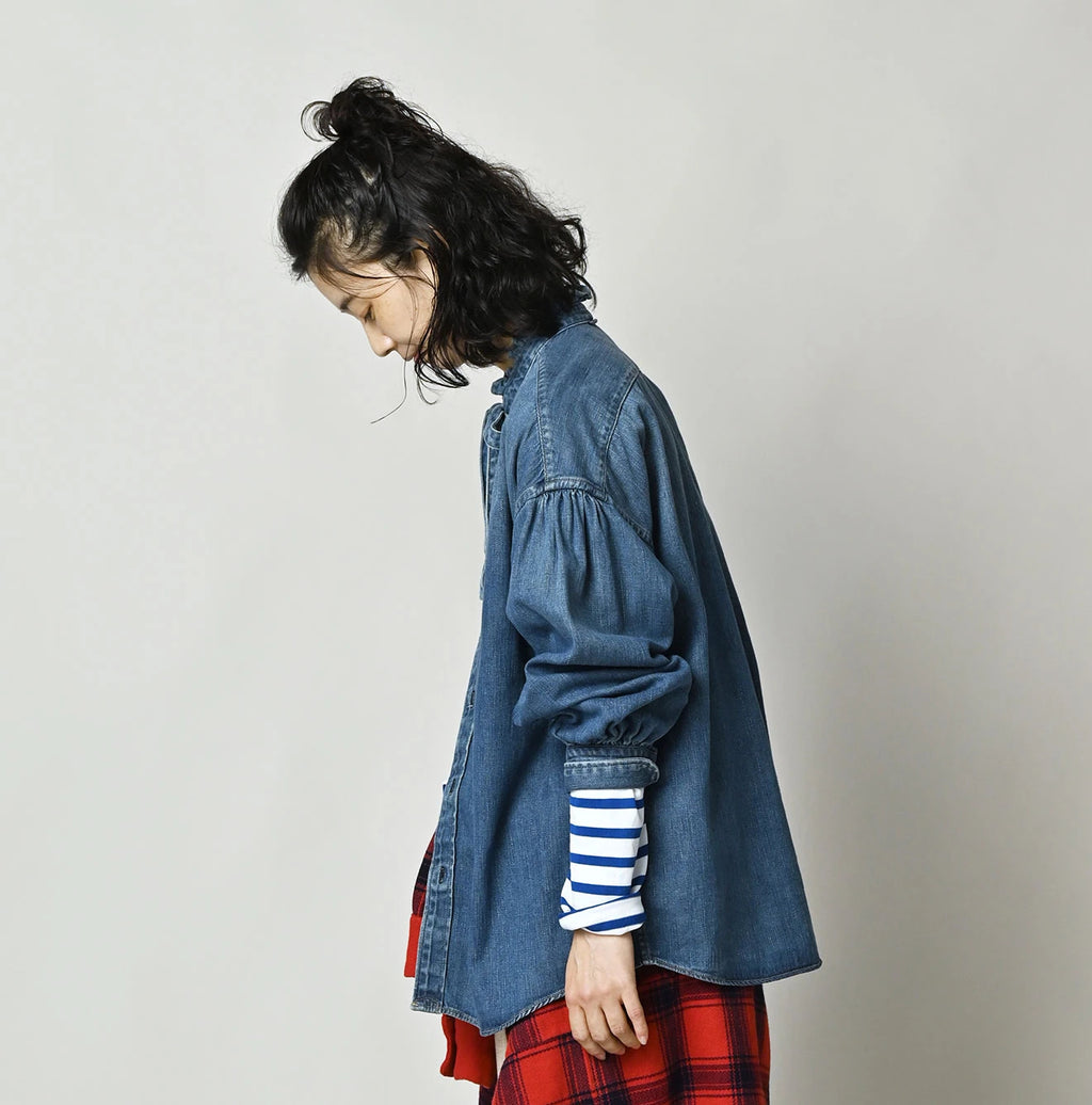 45 Petit Denim Long-Sleeve Bow-Tie Coupé Shirt DIstressed