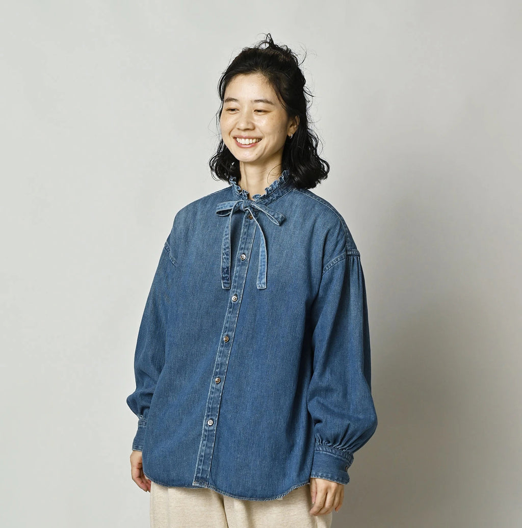 45 Petit Denim Long-Sleeve Bow-Tie Coupé Shirt DIstressed