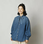 45 Petit Denim Long-Sleeve Bow-Tie Coupé Shirt DIstressed