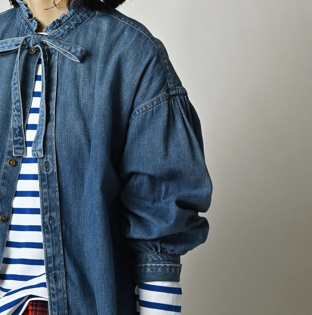 45 Petit Denim Long-Sleeve Bow-Tie Coupé Shirt DIstressed