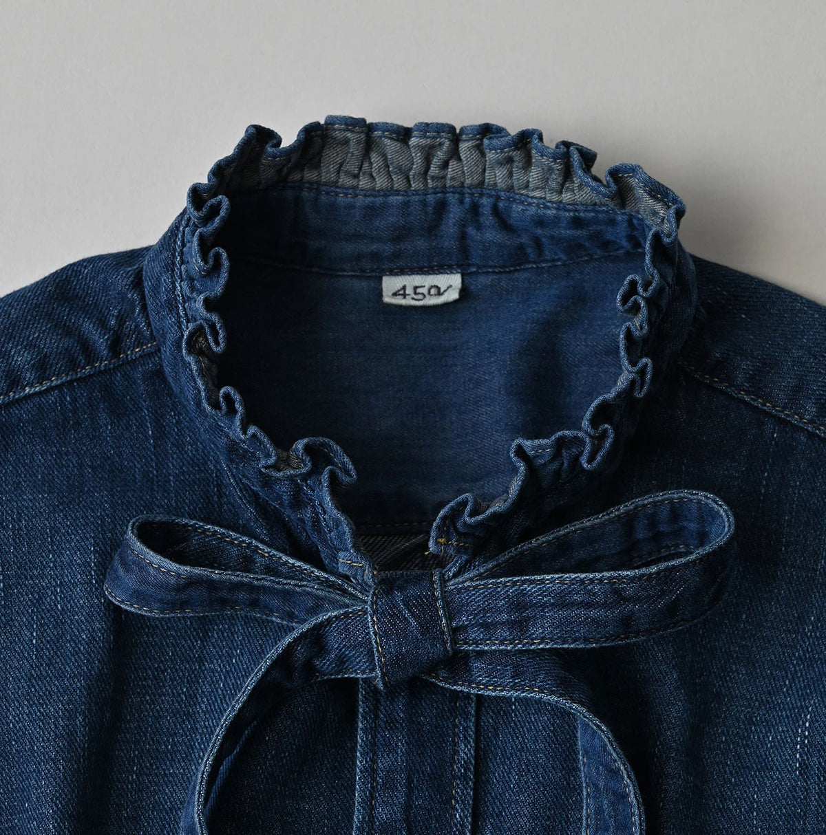 45 Petit Denim Long-Sleeve Bow-Tie Coupé Shirt DIstressed