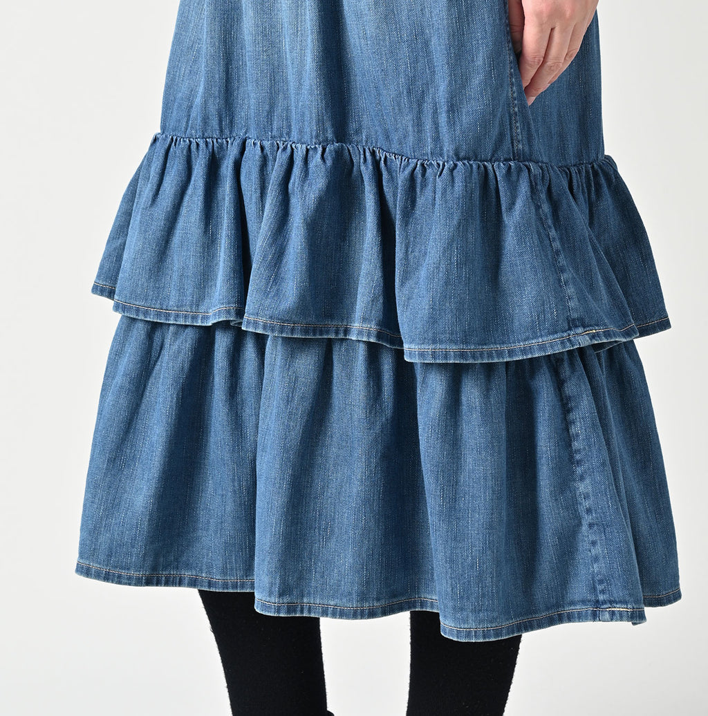 45 Petit Denim Tiered Frill Petit Skirt Distressed Detail