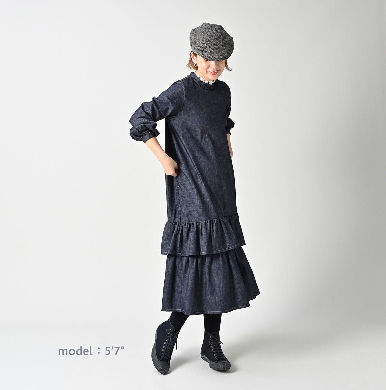 45 Petit Denim Tiered Frill Dress Female Model
