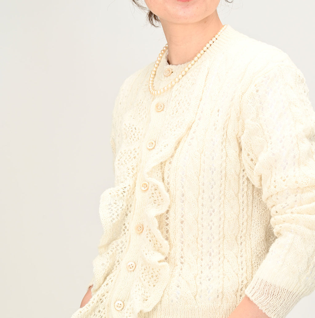 Shetland Cable Lace Frill Cardigan Female Model