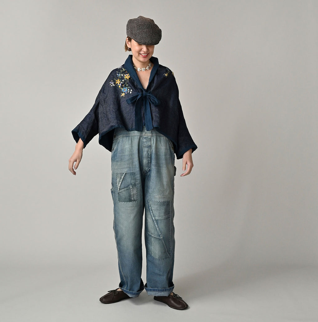 Ai Indigo Linen Layered Embroidery Bolero Female Model