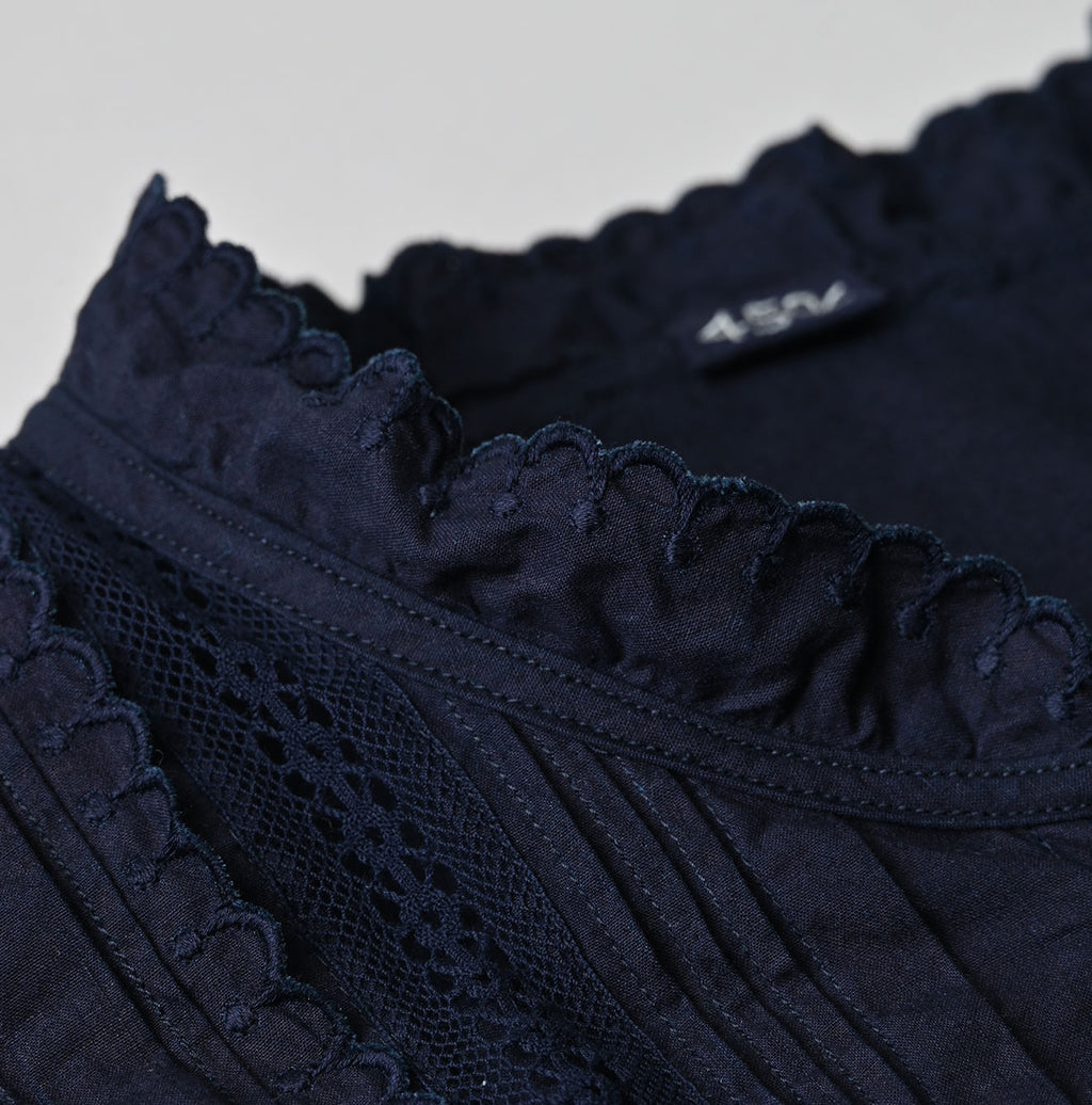 Indigo Supima Batiste Cutwork Blouse Detail