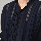 Indigo Supima Batiste Cutwork Blouse Detail