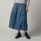 45 Petit Denim Apron Skirt Distressed Female Model
