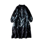 Indigo Discharged Rose Print Smock Dress Indigo Discharge Print