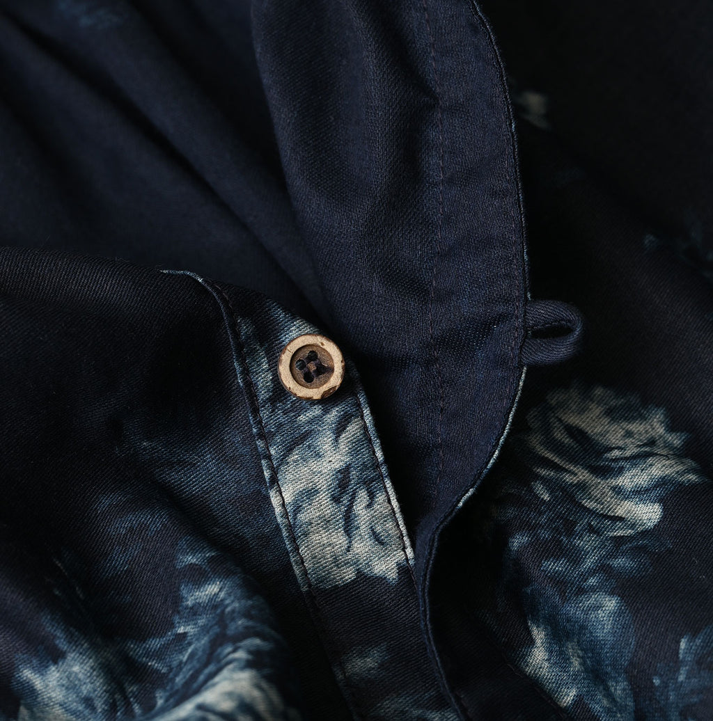 Indigo Discharged Rose Print Smock Dress Detail