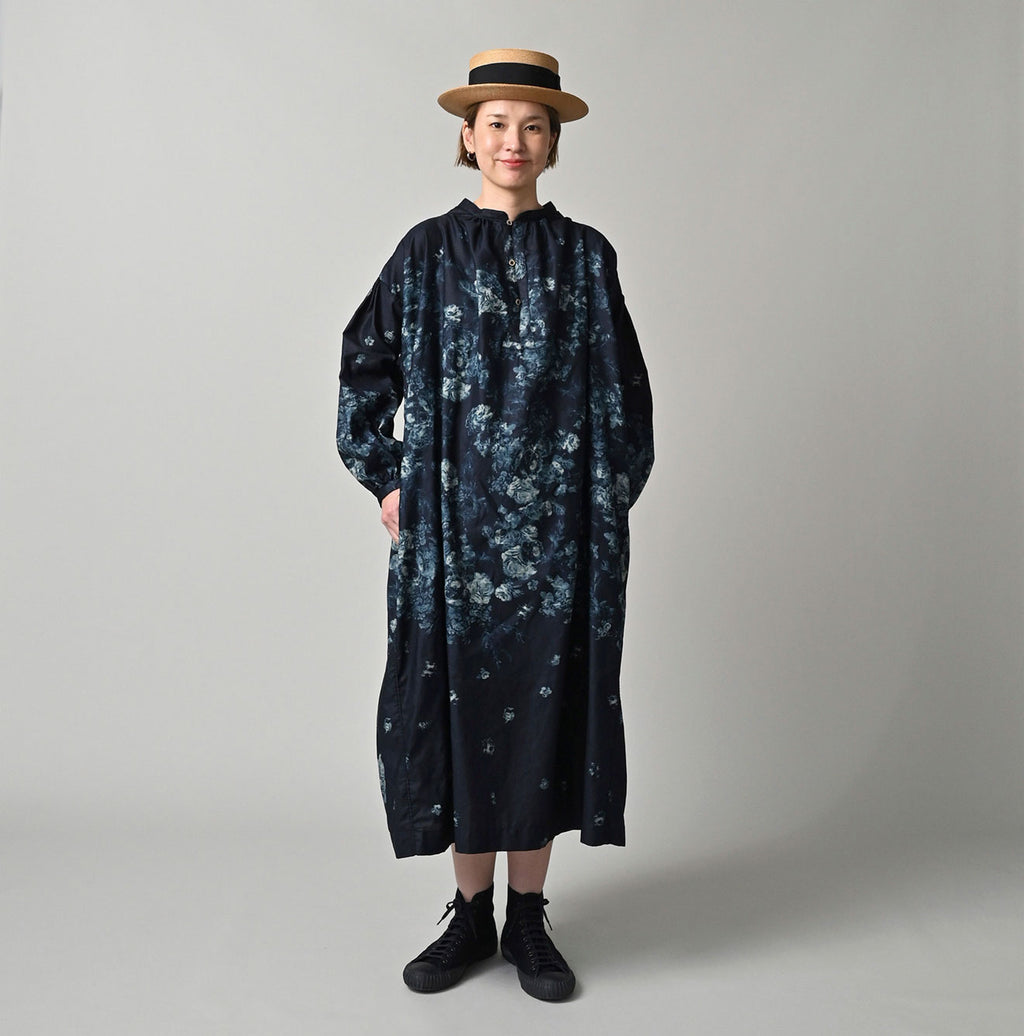 Indigo Discharged Rose Print Smock Dress Female Model
