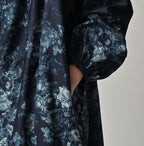 Indigo Discharged Rose Print Smock Dress Detail