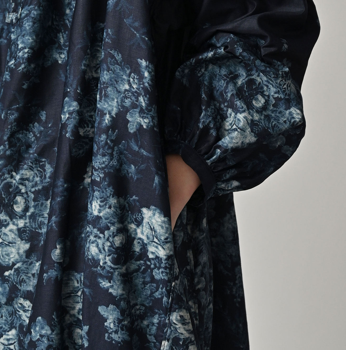 Indigo Discharged Rose Print Smock Dress Detail