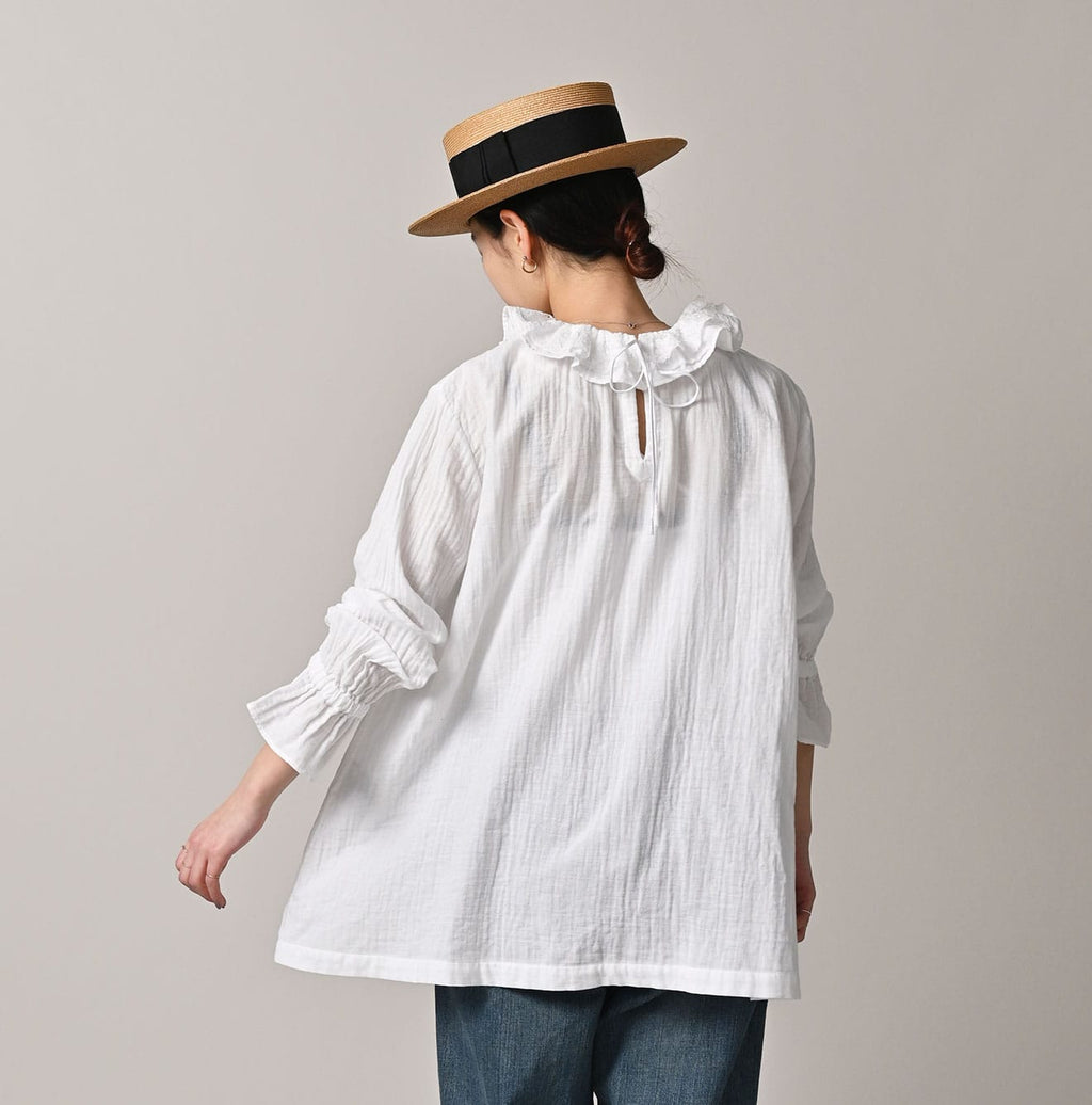Gauze Double Woven Frill Collar Blouse White Female Model