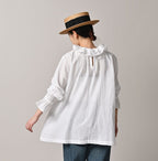 Gauze Double Woven Frill Collar Blouse White Female Model