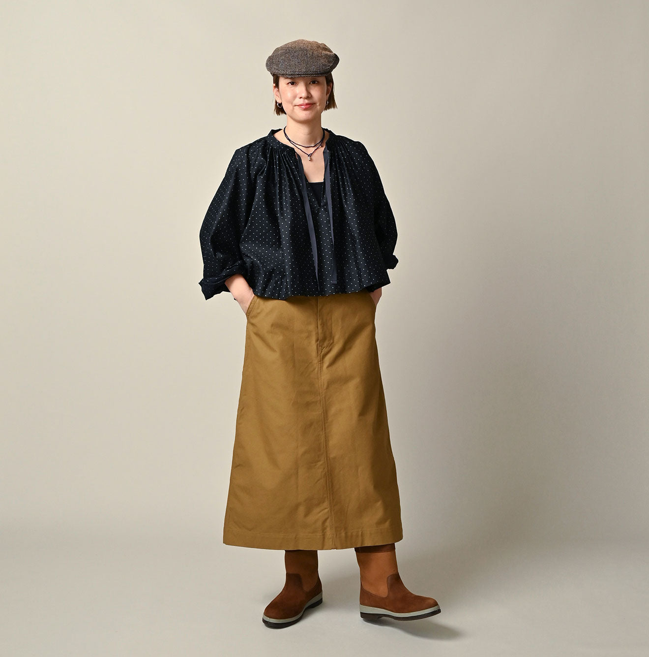 Indigo Dot Print Scrunchie Smock Blouse Female Model