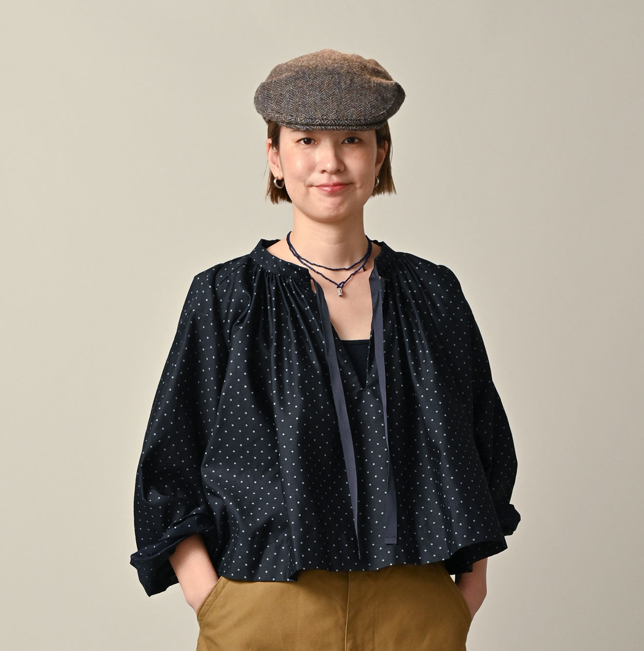 Indigo Dot Print Scrunchie Smock Blouse Female Model