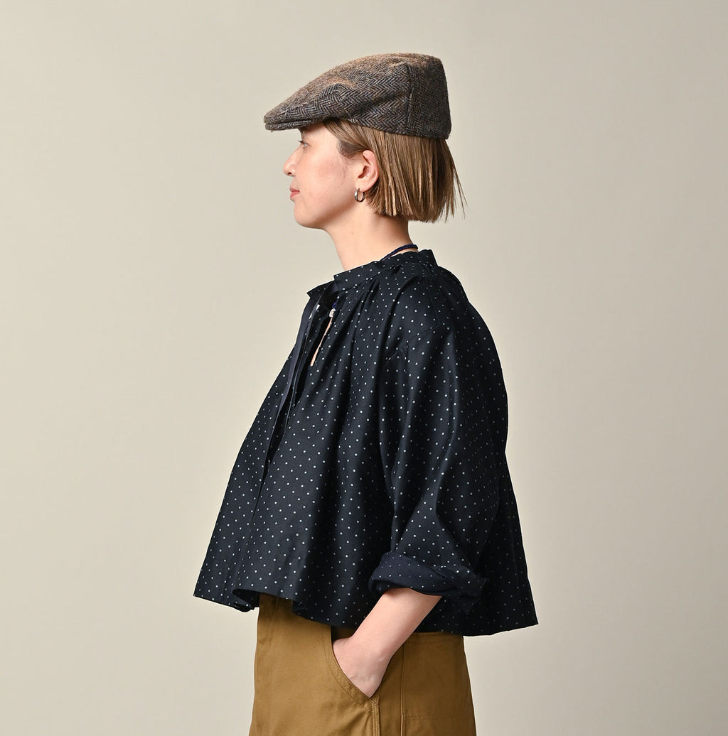 Indigo Dot Print Scrunchie Smock Blouse Female Model