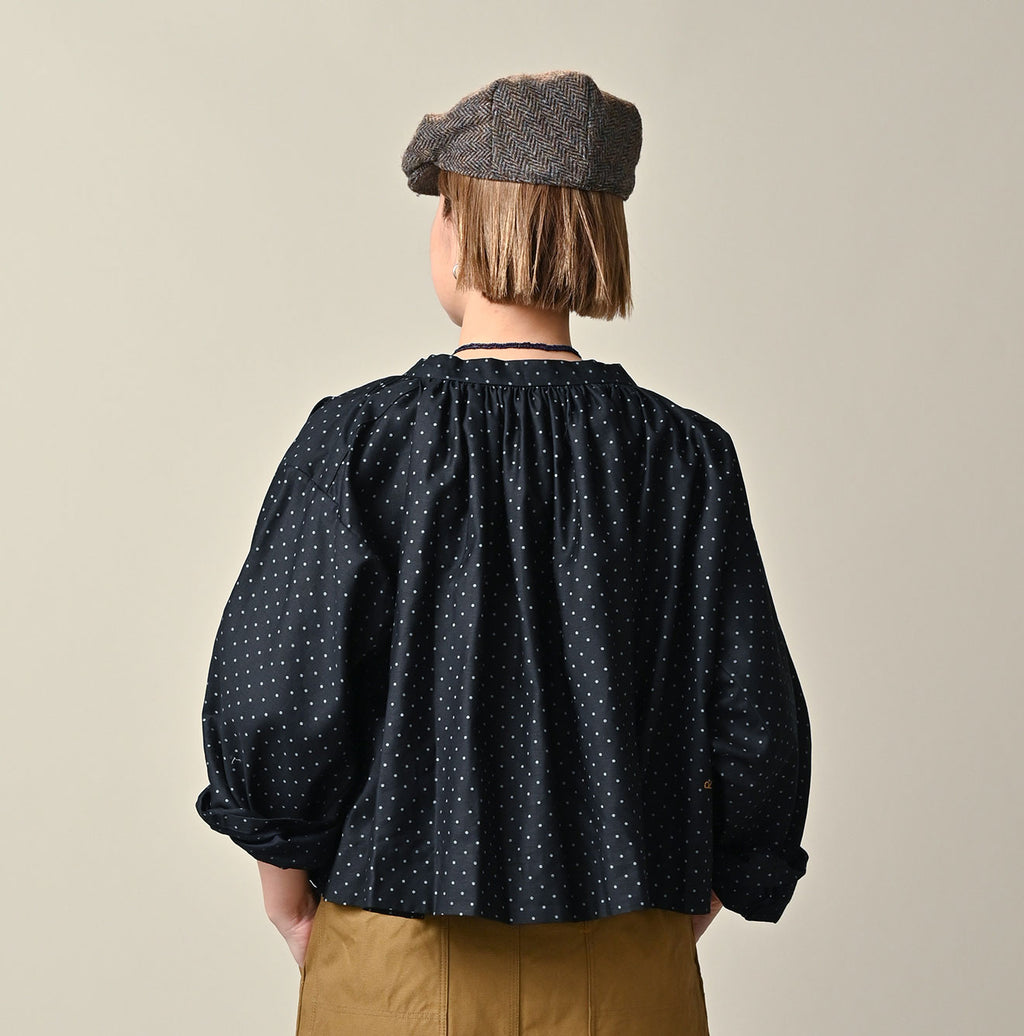 Indigo Dot Print Scrunchie Smock Blouse Female Model