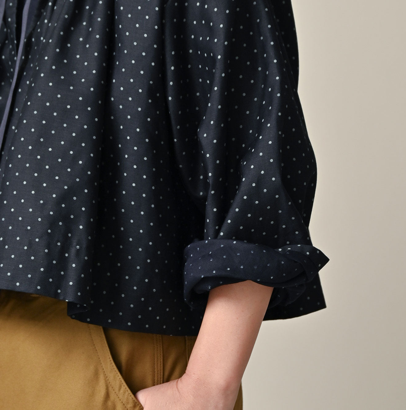 Indigo Dot Print Scrunchie Smock Blouse Detail