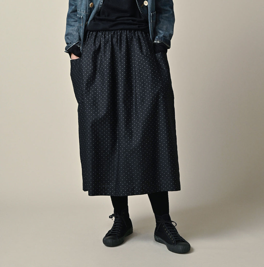 Indigo Dot Print Apron Skirt Female Model