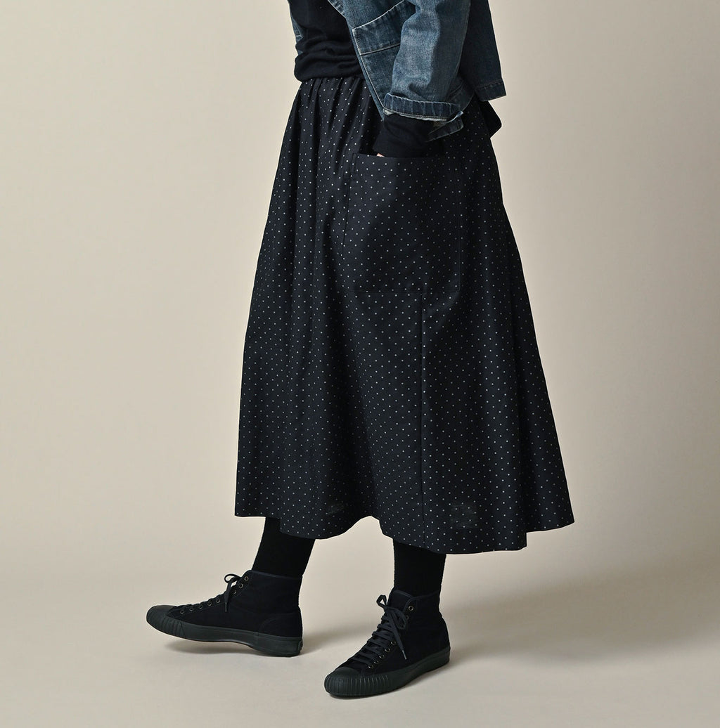 Indigo Dot Print Apron Skirt Female Model