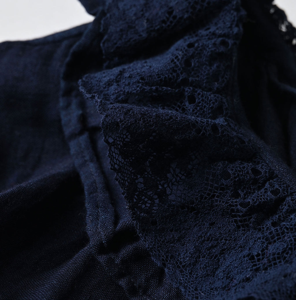 Indigo Gauze Double Woven Frill Collar Dress Detail
