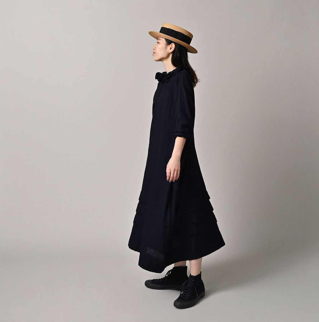 Indigo Gauze Double Woven Frill Collar Dress Female Model