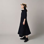 Indigo Gauze Double Woven Frill Collar Dress Female Model